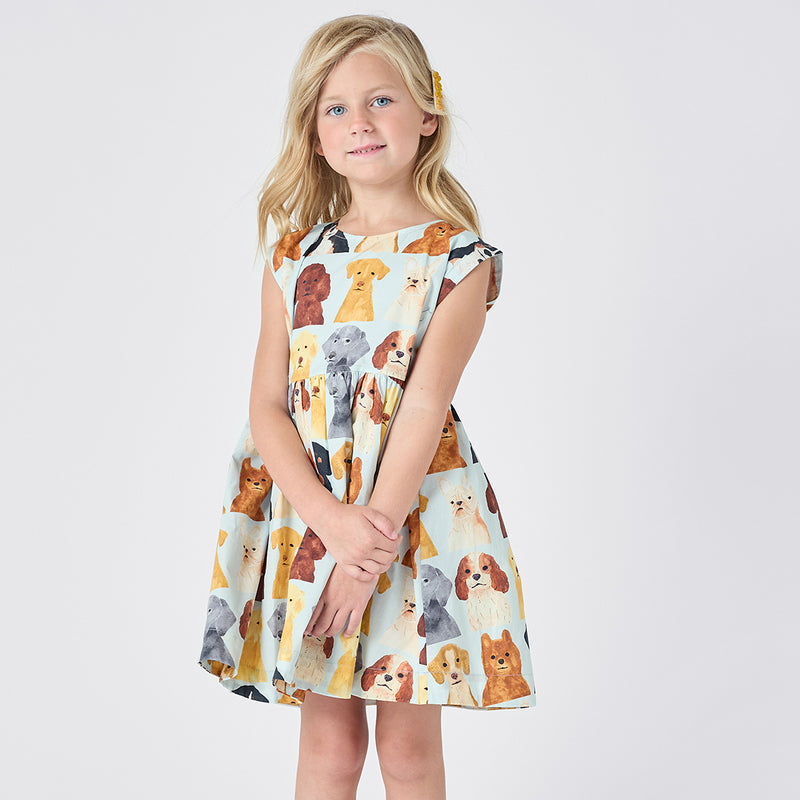 Girls Adaline Dress - Lt Blue Watercolor Dogs