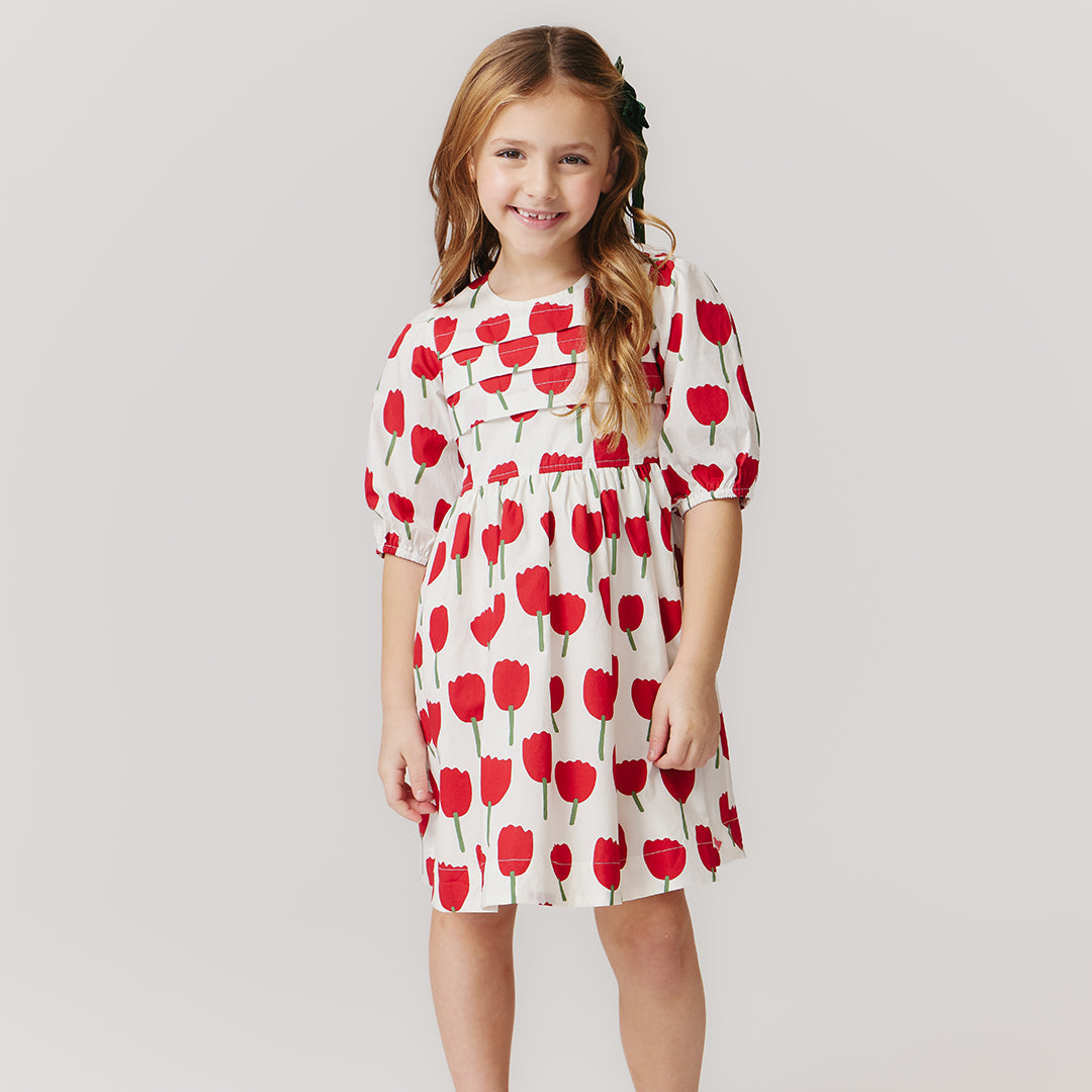 Girls Evelyn Dress - Red Tulips