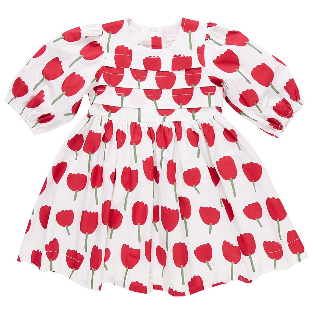 Girls Evelyn Dress - Red Tulips