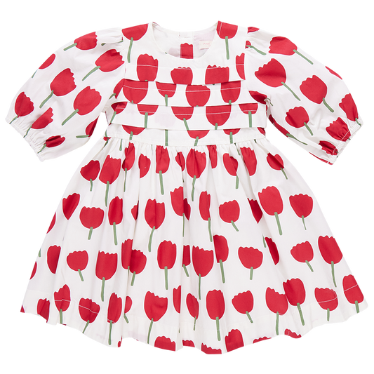 Girls Evelyn Dress - Red Tulips