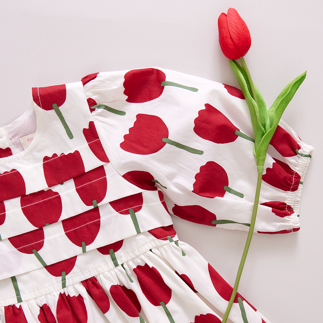 Girls Evelyn Dress - Red Tulips