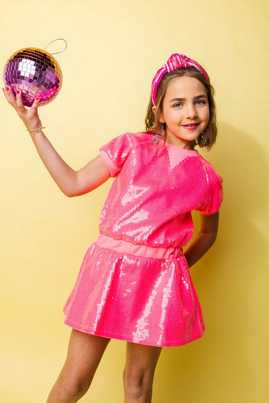 Girls Neon Pink Full Sequin Dress