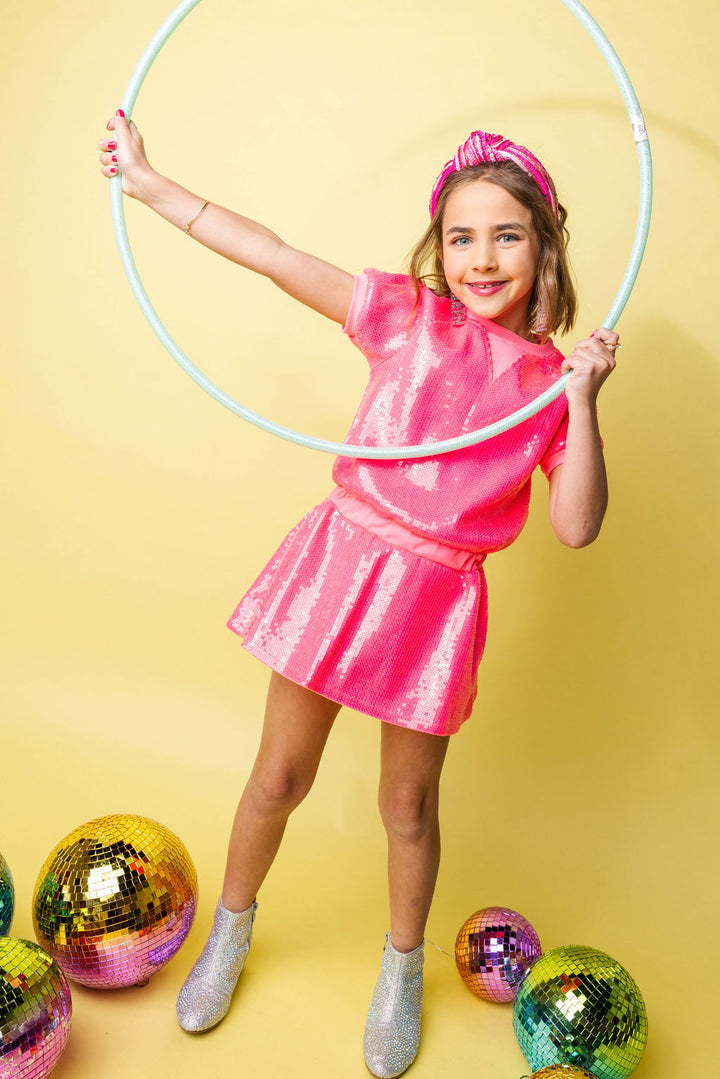 Girls Neon Pink Full Sequin Dress