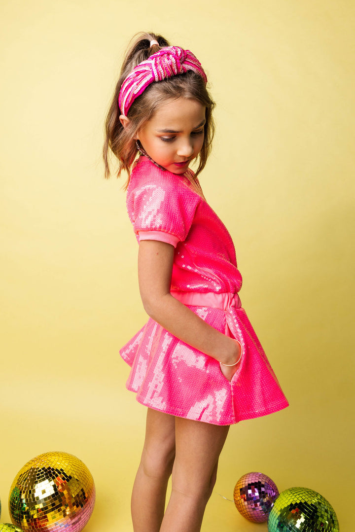 Girls Neon Pink Full Sequin Dress