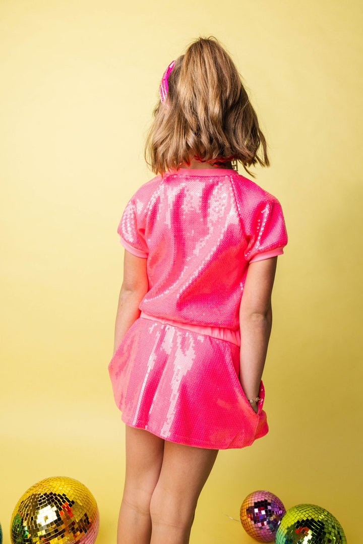 Girls Neon Pink Full Sequin Dress