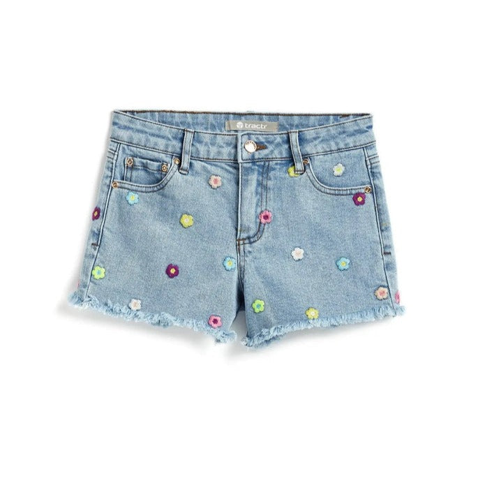 Flower Emb Fray Shorts - Indigo