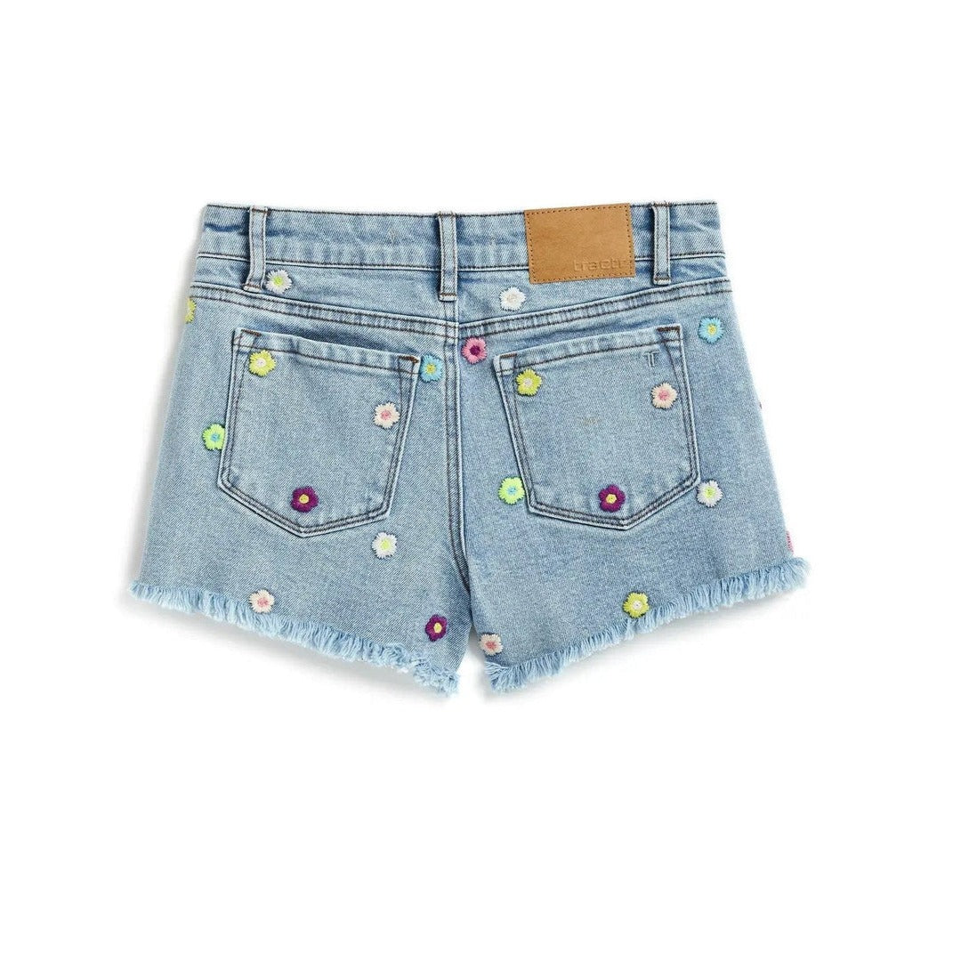 Flower Emb Fray Shorts - Indigo