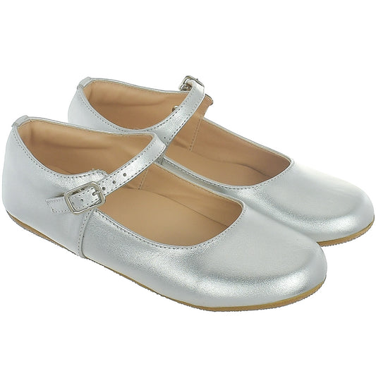 Youth Girls Leather Mary Jane - Silver w/Rubber Sole