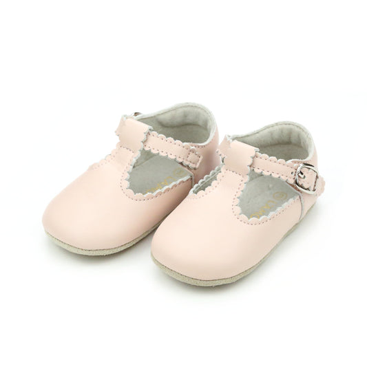 Elodie Girls Scalloped T-Strap Crib Shoe - Pink