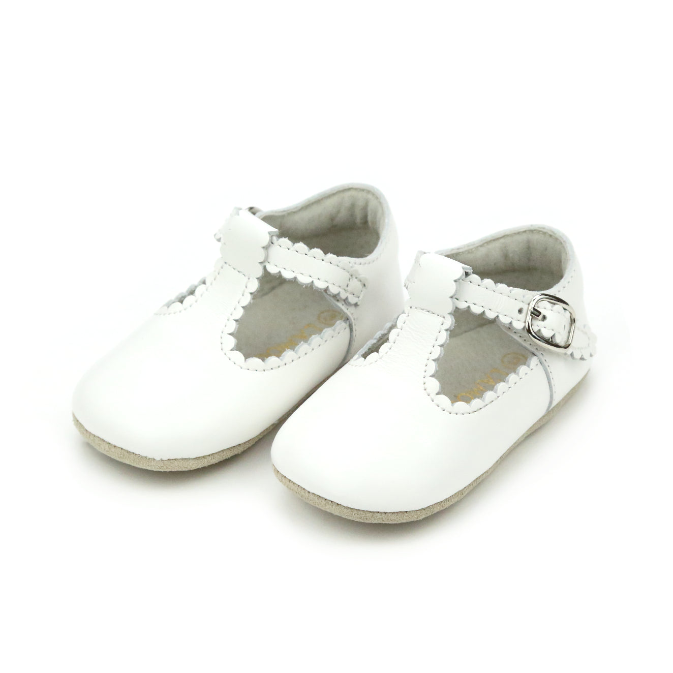 Elodie Girls Scalloped T-Strap Crib Shoe - White