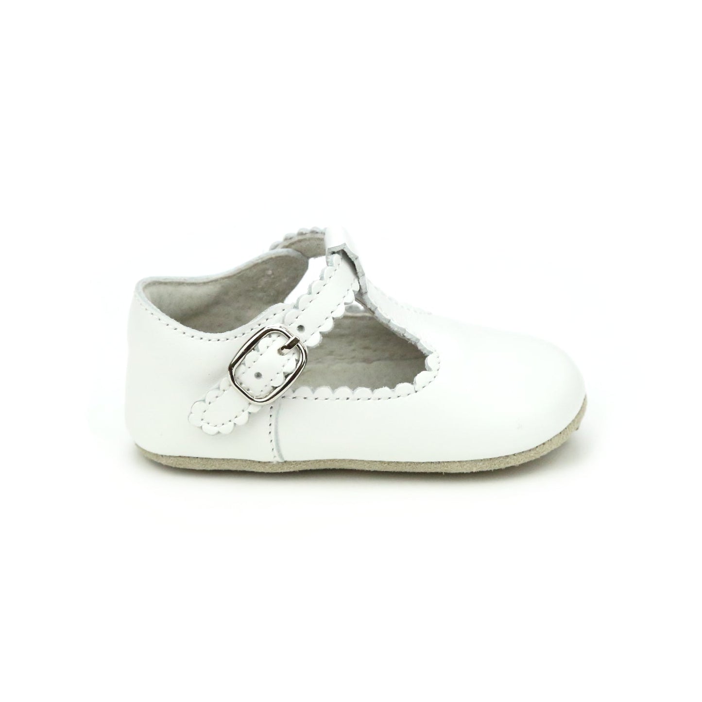 Elodie Girls Scalloped T-Strap Crib Shoe - White